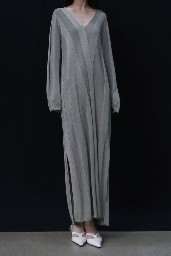 SWAYING 24 Autumn and Winter Vertical Striped V-Neck Structure Dress SW-SW24AW2L14-HUILV Gray Green